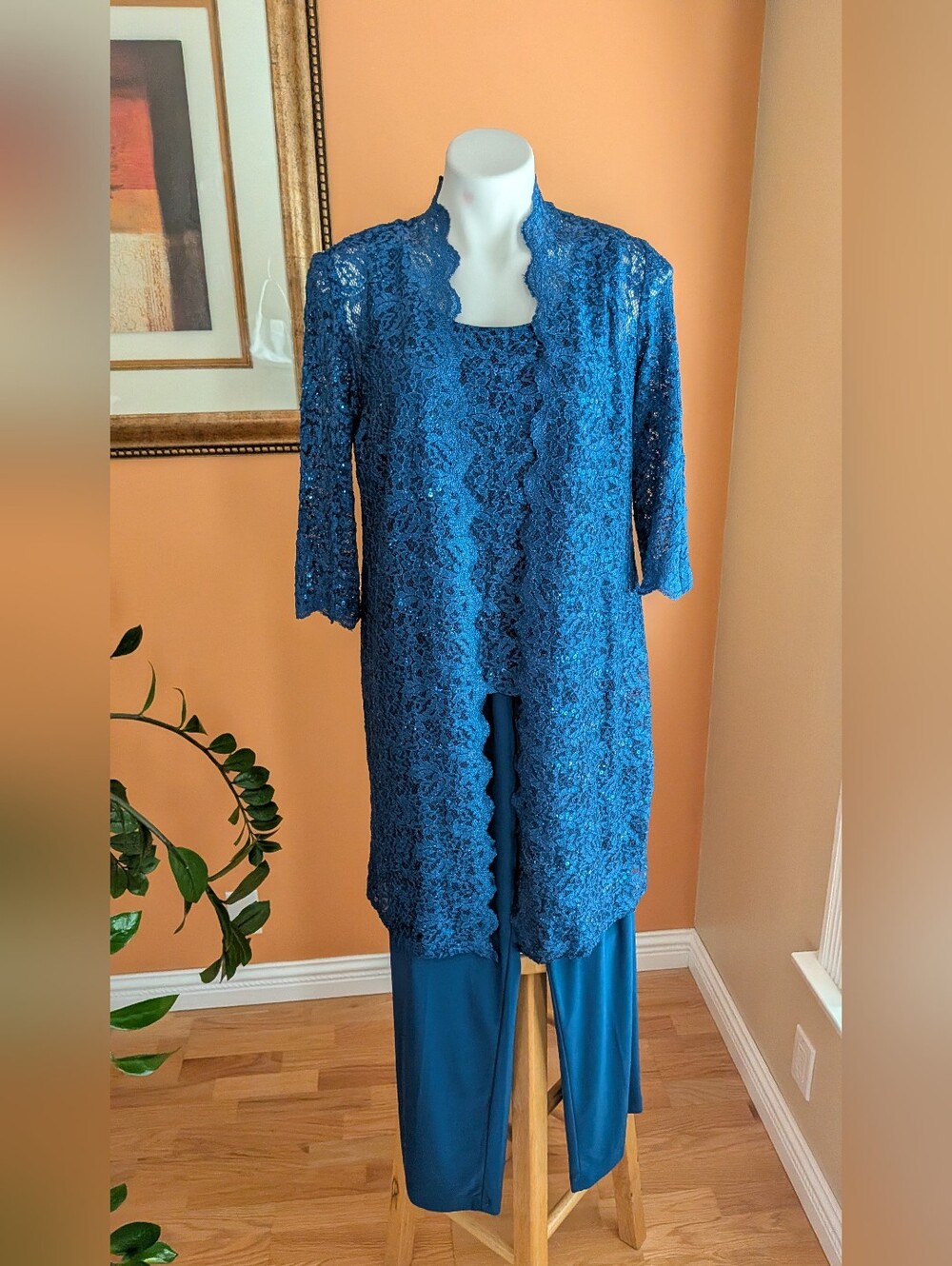 R&M Richards Teal Blue Lace Pantsuit